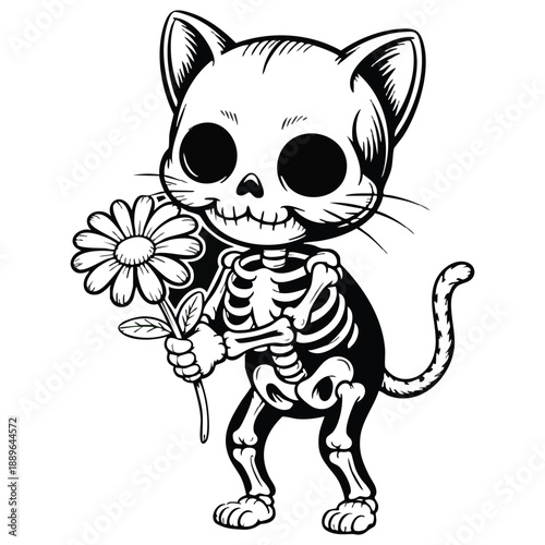 A cute, stylized black and white illustration of a skeletal cat standing upright and holding a single daisy. The cat's skeletal structure is clearly defined, with visible ribs, spine, and leg bones, r