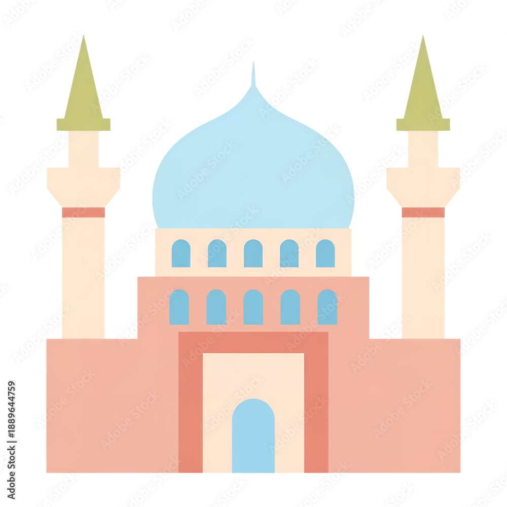 Fototapeta premium An illustration of a mosque with two minarets and a large blue dome on transparent background