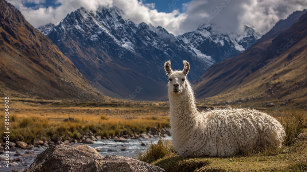 Fototapeta premium Llama resting by a river in the mountains during daytime in a natural setting with large peaks in the background