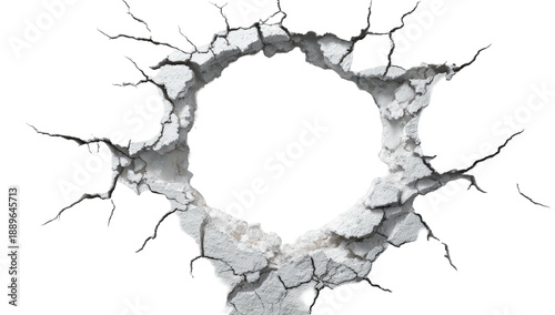 A circular hole, rimmed by fractured white material with cracks radiating outwards