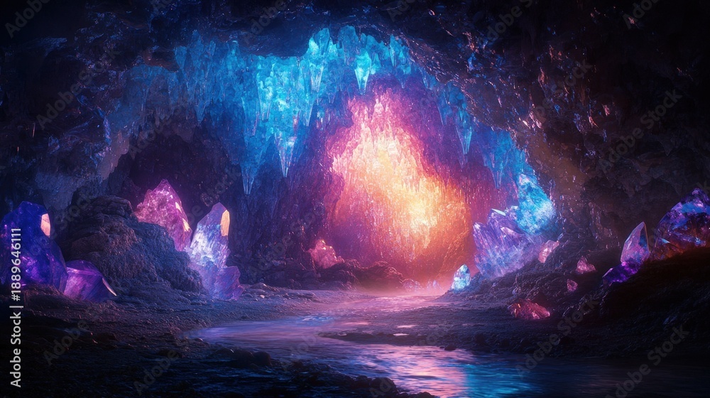 Fototapeta premium A luminous cave interior glows with vibrant crystals and a fiery core