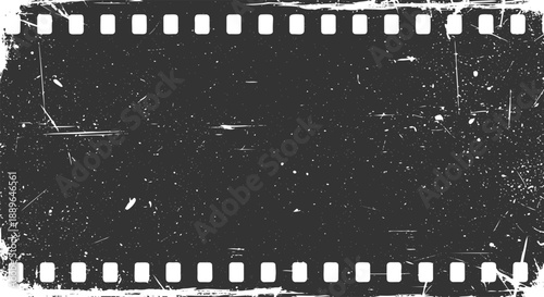 Distressed film strip frame with grunge texture and perforated edges on a white background