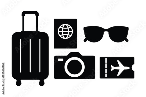 Travel Icon Set with Camera, Suitcase, Passport and Boarding Pass