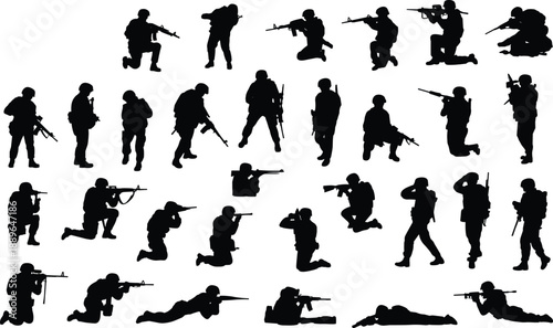 Soldier silhouette collection featuring military combat poses with rifles, tactical armed forces vector icons set isolated on white background