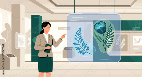 Woman presenting botanical illustrations on a transparent screen.