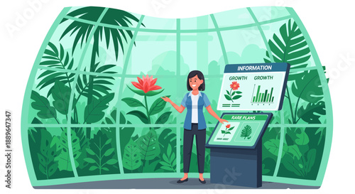 Woman scientist explaining plant biology in a modern greenhouse.