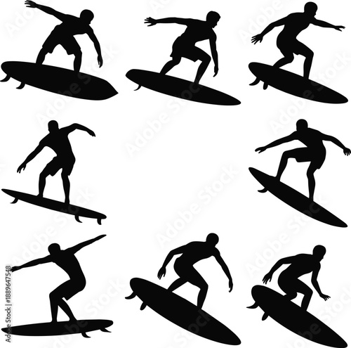 Surfer silhouette illustration, dynamic board poses, wave riding motion, black shadow, vector art, minimal style, ocean sport, beach activity, athletic gesture, surfing stance