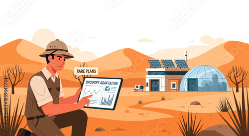 Scientist analyzing data on a tablet in a desert environment.