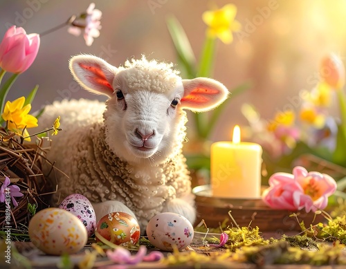 A lamb lies in a nest surrounded by eggs, flowers, and a candle