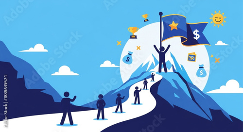 People climbing mountain towards flag with dollar sign symbolizing success and achievement.