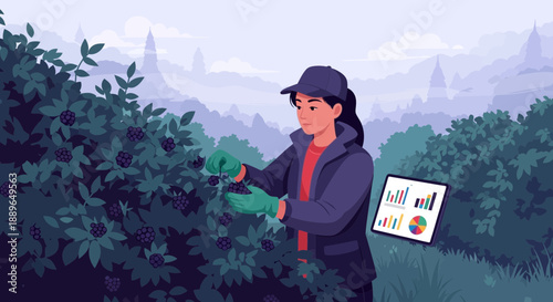 Woman in a cap and jacket examining plants with a tablet displaying data.