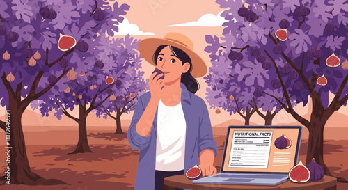 Woman in a straw hat eating a fig while working on a laptop in an orchard.