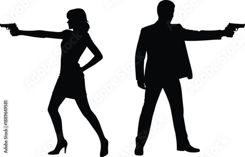 Silhouette agents, handgun pose, back-to-back stance, action scene, black vector, spy concept, confrontation moment, dual figures, weapon ready, dramatic contrast