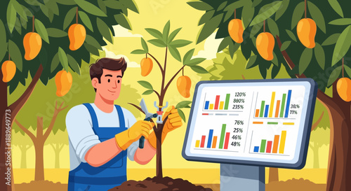 Farmer Pruning Mango Tree with Digital Analytics Display.