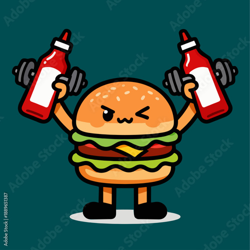 Funny Fitness Burger Character Lifting Ketchup Dumbbells. Cute cartoon mascot for gym, workout, and cheat day concepts.