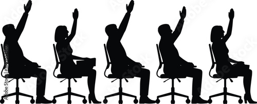 Silhouette participants, raised hands, seated pose, office chairs, black vector, group engagement, voting gesture, meeting scene, professional setting, response action