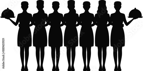 Elegant female waiter silhouettes standing in a row, professional restaurant service staff holding serving trays, hospitality uniform concept illustration design