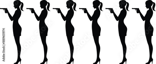 Silhouette women with guns, dramatic chain reaction, symbolic violence, dark concept art, psychological tension, surreal fashion, social commentary, high heels