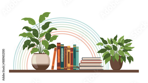 Bookshelf filled with colorful books and flanked by two green plants in pots with a subtle rainbow background decoration.
