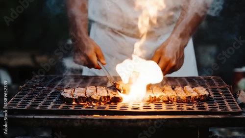 A cook grilling steaks on a fiery barbecue, flames rising, smoke billowing