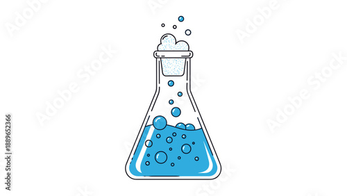 Glass laboratory flask filled with bubbling blue liquid and a white cork top illustrated in a clean line art style for science projects.