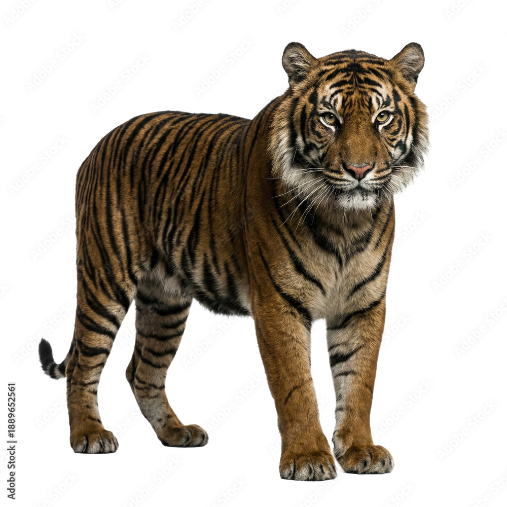 Obraz premium A majestic Sumatran tiger standing calmly on a transparent background.