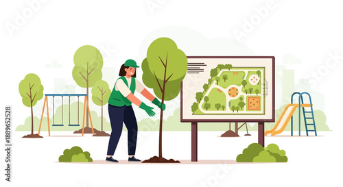 Woman planting a tree in a park contributing to environmental conservation.