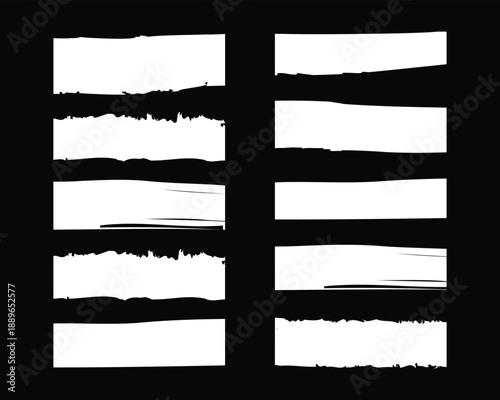 Collection of abstract grunge brush stroke and ripped paper white banners on black background