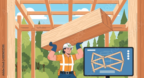 Construction worker carrying large wooden beam at building site.