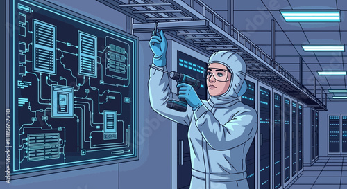 Engineer in cleanroom suit working on advanced technology.