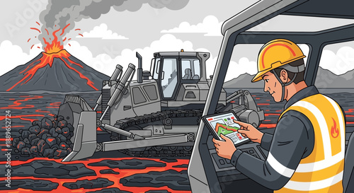 Engineer in safety gear operating heavy machinery near volcanic activity.