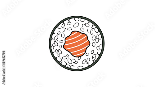 Top down view of a single round sushi roll piece containing fresh salmon and white rice surrounded by a dark nori seaweed ring.