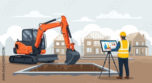 Excavator and surveyor working on construction site.
