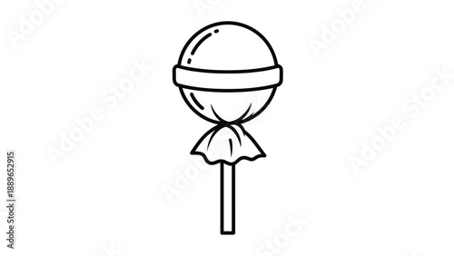 Simple black and white line art icon of a round lollipop on a stick with a small decorative wrapper tied at the base of the candy.