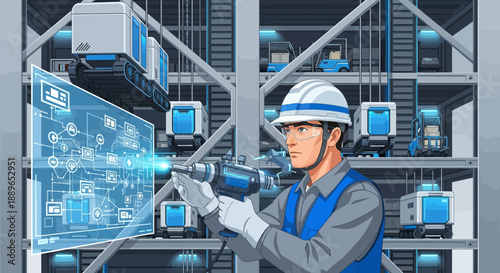 Focused Engineer Working with Drill and Holographic Interface in Industrial Setting.