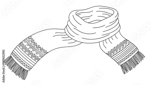 Detailed line art illustration of a cozy winter scarf with a chevron pattern and fringed ends shown in a wrapped shape for warmth.