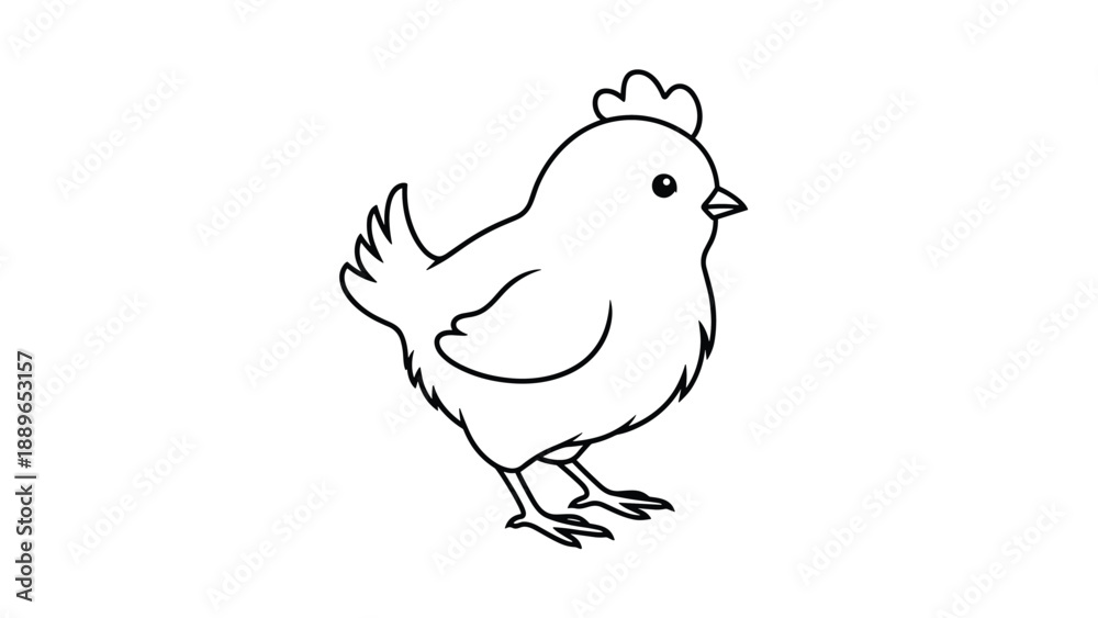 Fototapeta premium Simple black outline drawing of a small baby chick standing sideways featuring a tiny comb and a cute expression for children.