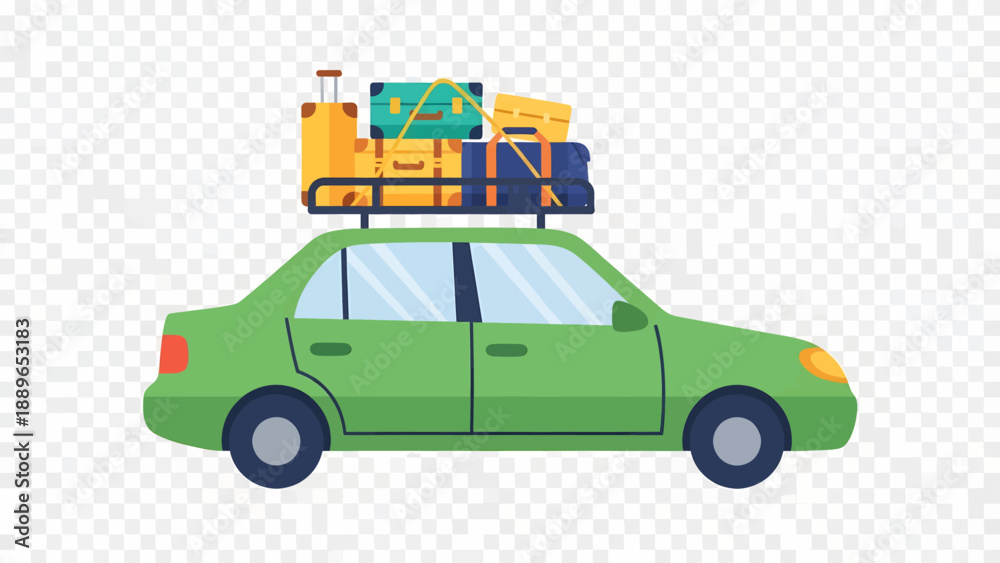 Naklejka premium Green Car with Luggage on Roof Rack.