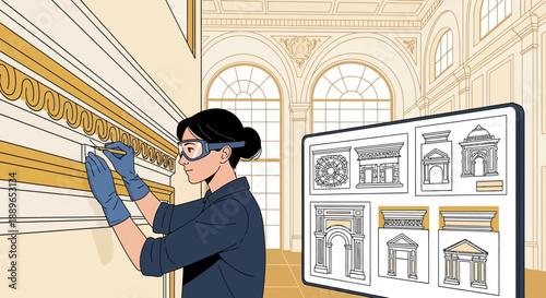 Restoration expert meticulously cleans ornate architectural details.