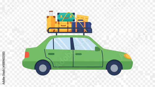 Green Car with Luggage on Roof Rack.
