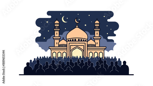 Mosque with Dome and Minarets Illustration.