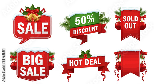 Christmas sale signs with festive decorations and discount labels on offer