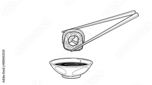 Hand drawn sketch of a sushi roll being held by chopsticks over a small bowl of soy sauce captures a delicious moment in Japanese dining.