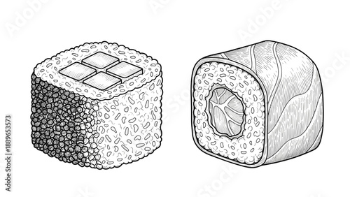 Detailed line art of two different sushi maki rolls showcases the texture of rice and fillings for a menu or culinary themed illustration.