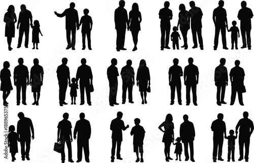 Family silhouette illustration set with 20 groupings of adults and children in varied poses and interactions