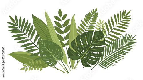 Lush arrangement of green tropical leaves including palm and monstera fronds creates a dense jungle inspired botanical composition for art.