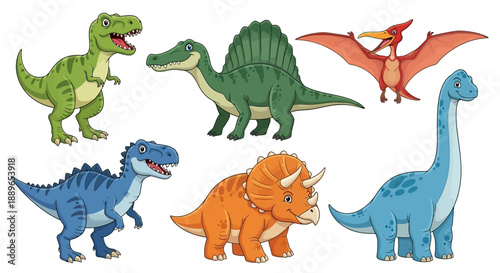 Ancient dinosaurs roam freely in a prehistoric landscape illustration