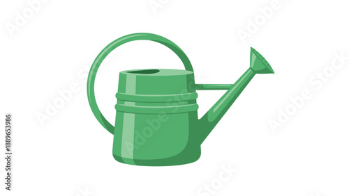 Simple green plastic watering can with a large handle and spout is shown in a clean graphic style for gardening and plant care themes.