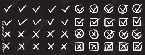 Check mark icons set. Green brush stroke check mark, tick symbols, checklist signs. Grunge brush stroke signs. Grunge checkmark design. Dirty grunge stroke checkmark sign vector illustration Handdrawn