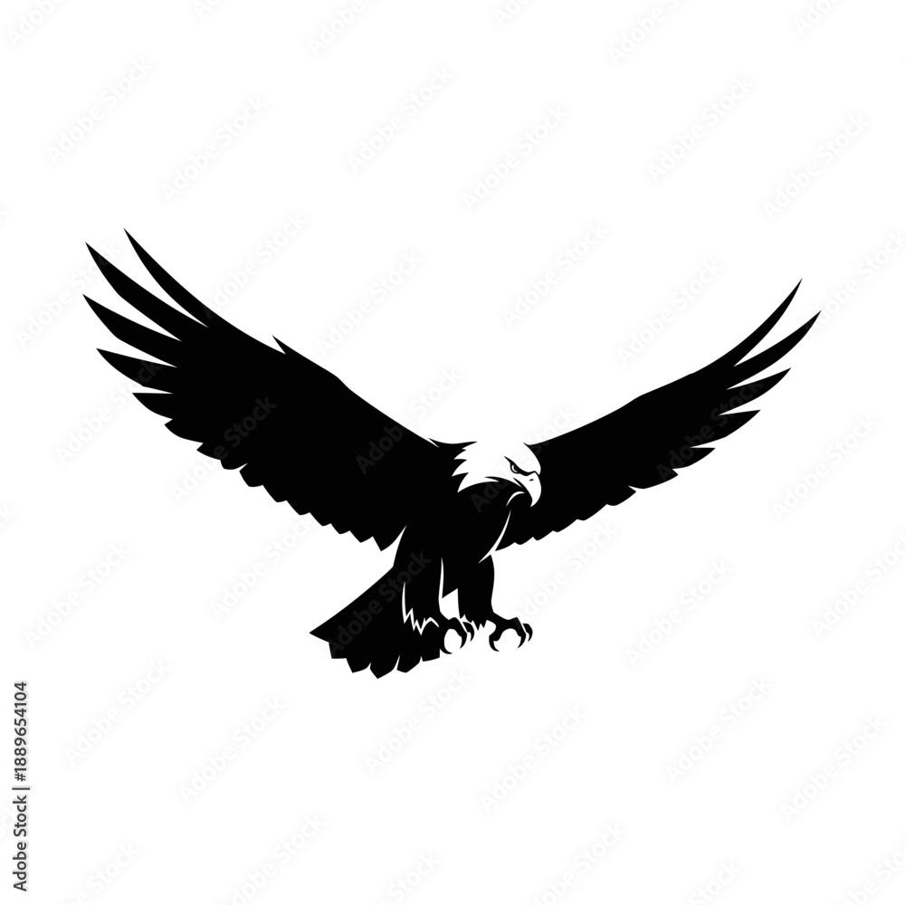 Obraz premium Majestic Eagle Silhouette in Flight, Wings Spread Wide, Fierce Gaze, White Background
